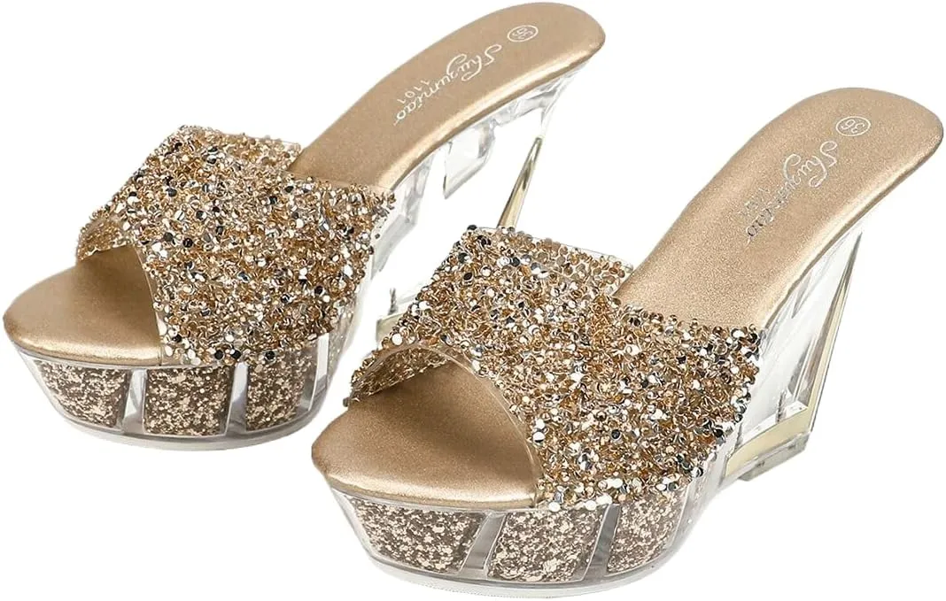 Women's Crystal Platform Wedge Sandals, Clear Heel, Gold Glitter Strap, 4.33 Inch Height