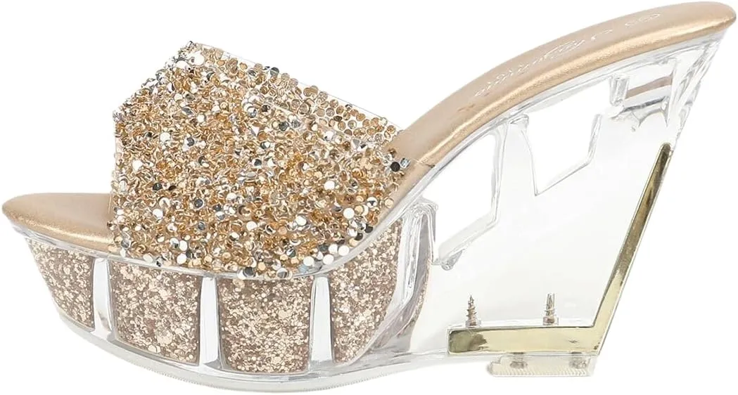 Women's Crystal Platform Wedge Sandals, Clear Heel, Gold Glitter Strap, 4.33 Inch Height