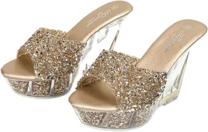 Women's Crystal Platform Wedge Sandals, Clear Heel, Gold Glitter Strap, 4.33 Inch Height