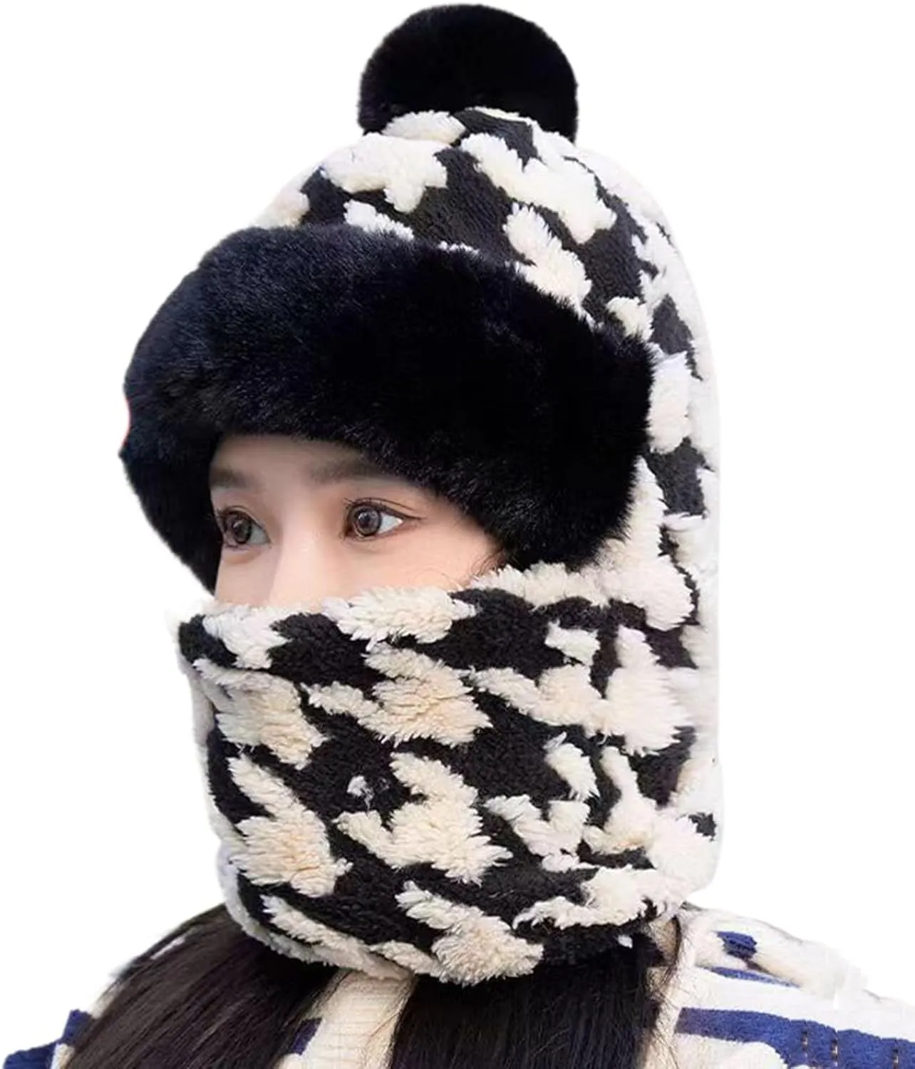 Women's Cycling Windproof Scarf Hat, Integrated Ear Protection Windproof Cap Scarf, 3 in 1 Winter Plush Collar Hat
