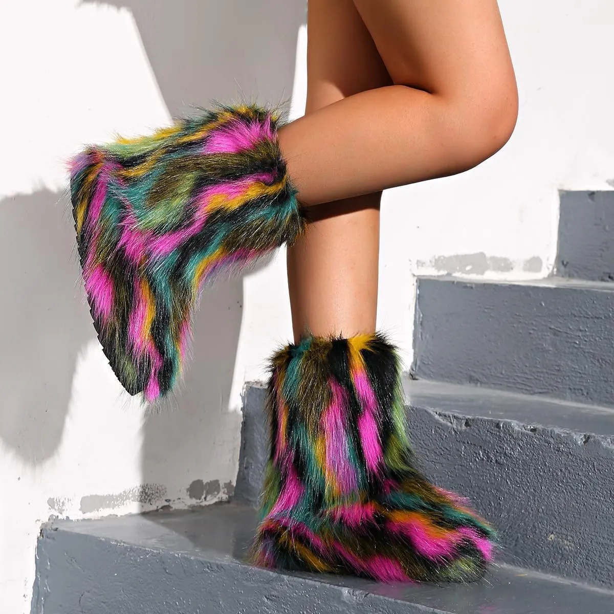 Women's Faux Fur Fuzzy Fluffy Mid Calf Snow Boots - Suede Winter Warm Fur Lined Booties