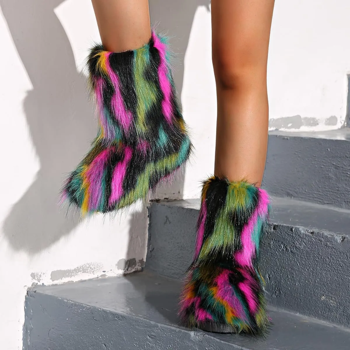 Women's Faux Fur Fuzzy Fluffy Mid Calf Snow Boots - Suede Winter Warm Fur Lined Booties