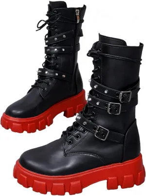 Womens Goth Ankle Booties Chunky Heel Mid Calf Boots Side Zip Combat Boots Lace Up Punk Rivet Platform Boots