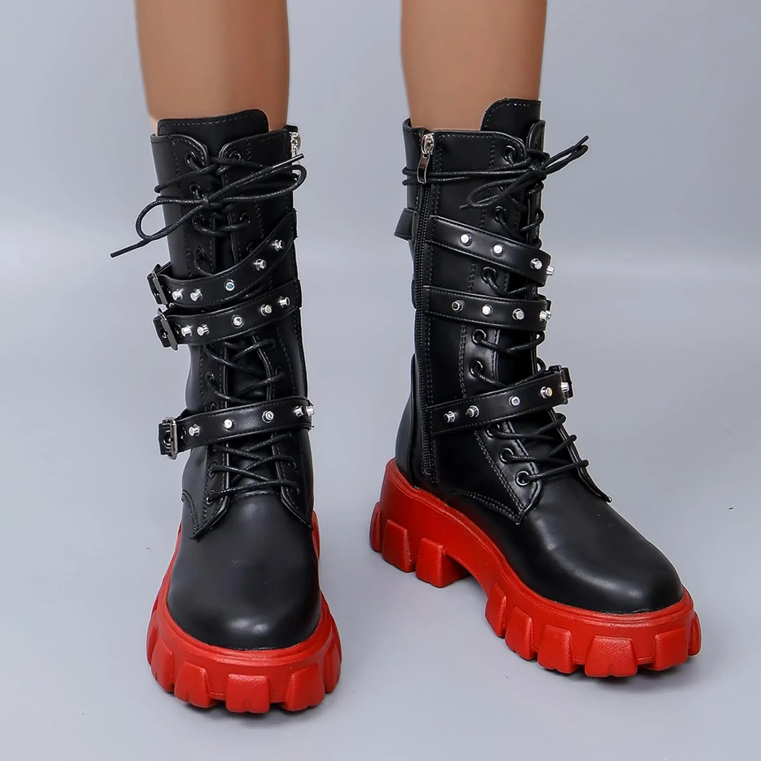 Womens Goth Ankle Booties Chunky Heel Mid Calf Boots Side Zip Combat Boots Lace Up Punk Rivet Platform Boots