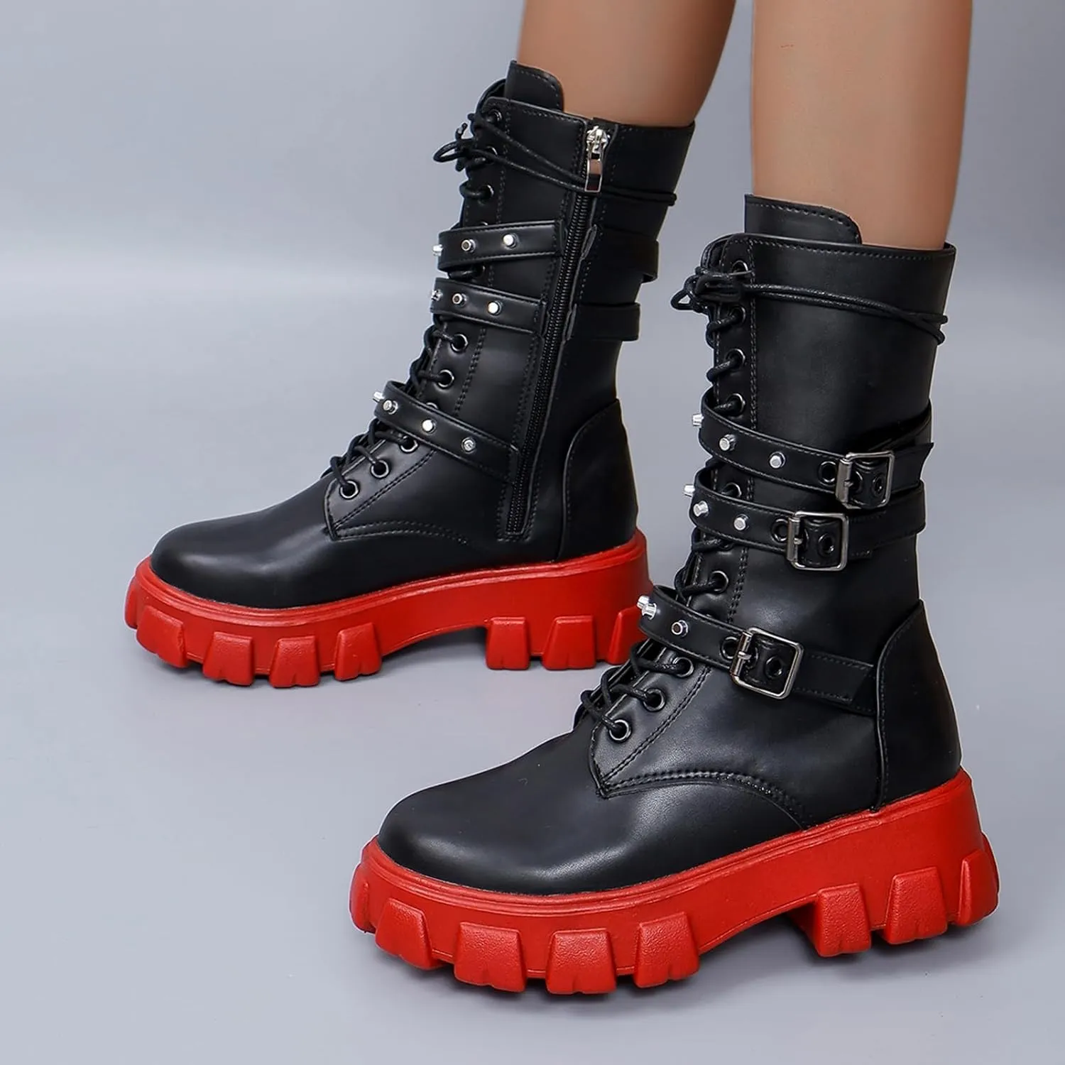 Womens Goth Ankle Booties Chunky Heel Mid Calf Boots Side Zip Combat Boots Lace Up Punk Rivet Platform Boots