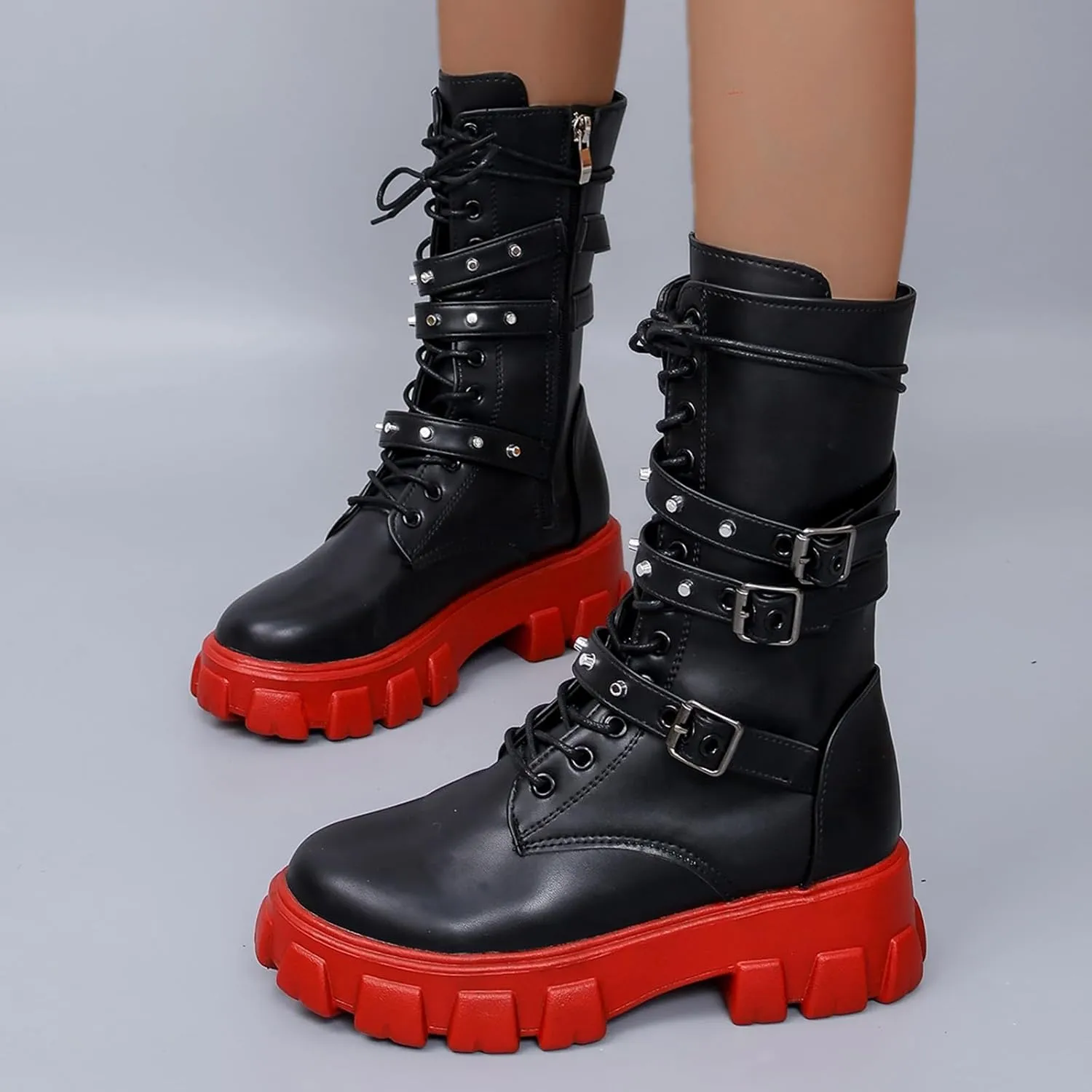 Womens Goth Ankle Booties Chunky Heel Mid Calf Boots Side Zip Combat Boots Lace Up Punk Rivet Platform Boots