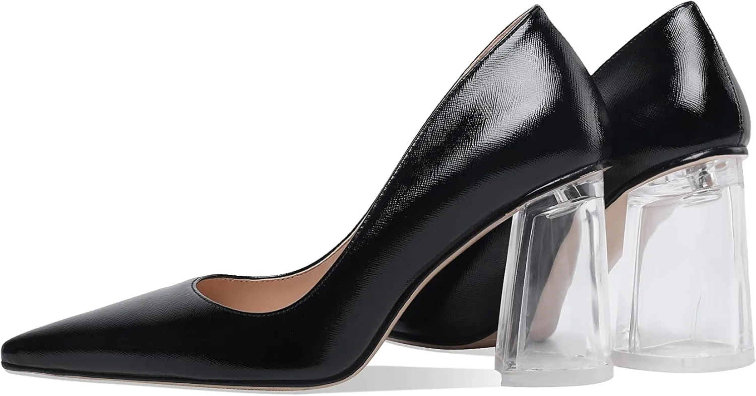 Women's High Chunky Heel Dress Pumps Shoes Sparkly Pointed Closed Toe Block Clear Heels for Women
