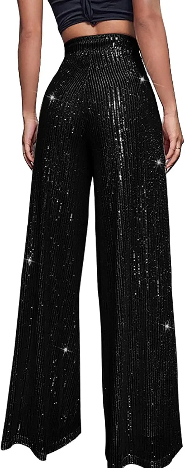 Women's High Waisted 80s Sparkle Sequin Pants Loose Drape Wide Leg Pants Women's Fashion Bling Glitter Dance Pants