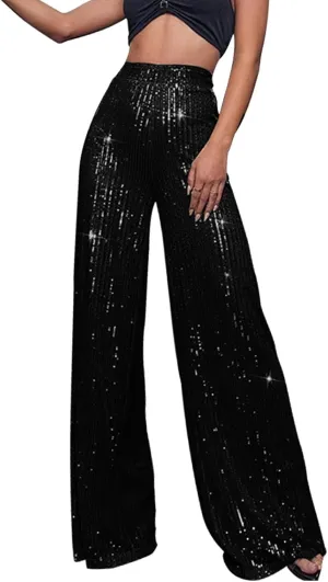 Women's High Waisted 80s Sparkle Sequin Pants Loose Drape Wide Leg Pants Women's Fashion Bling Glitter Dance Pants