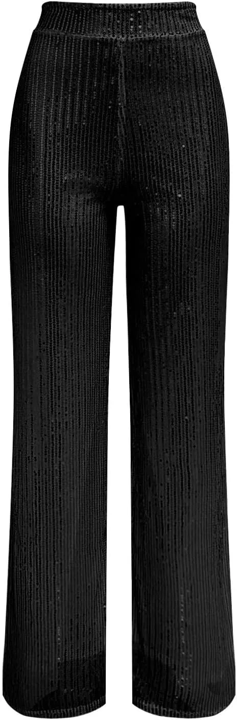 Women's High Waisted 80s Sparkle Sequin Pants Loose Drape Wide Leg Pants Women's Fashion Bling Glitter Dance Pants