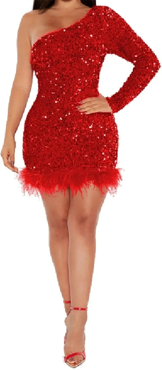 Women's One Shoulder Long Sleeve Sequin Feather Dresses Sexy Glitter Bodycon Mini Cocktail Party Club Dress