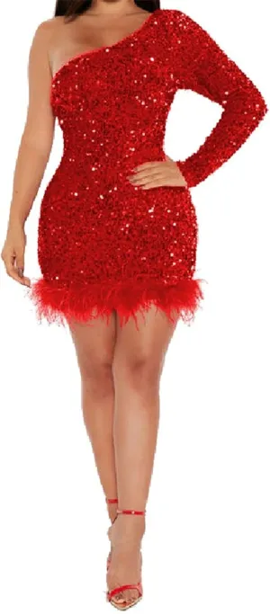 Women's One Shoulder Long Sleeve Sequin Feather Dresses Sexy Glitter Bodycon Mini Cocktail Party Club Dress