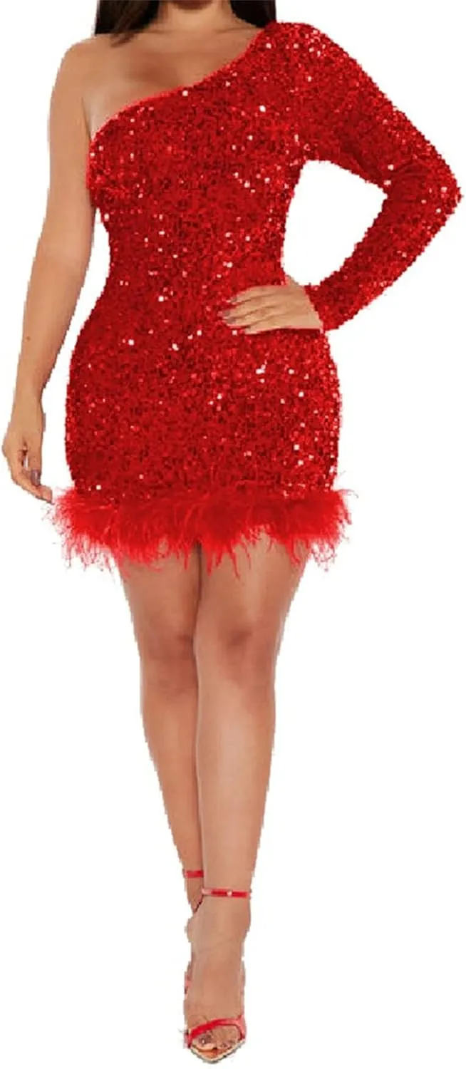 Women's One Shoulder Long Sleeve Sequin Feather Dresses Sexy Glitter Bodycon Mini Cocktail Party Club Dress