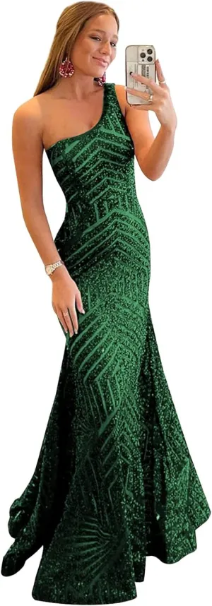 Womens One Shoulder Sequin Mermaid Corset Prom Dresses for Teens Sparkly Long Formal Evening Ball Gown ZN012