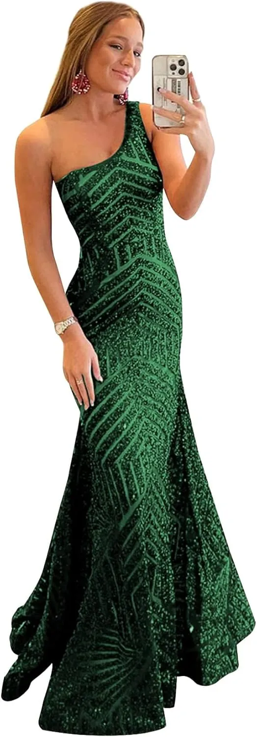 Womens One Shoulder Sequin Mermaid Corset Prom Dresses for Teens Sparkly Long Formal Evening Ball Gown ZN012