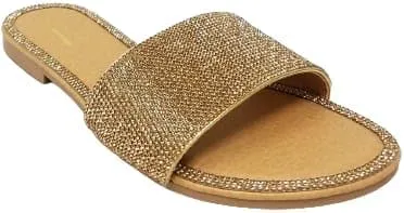 Women's Open Round Toe Glitter Rhinestones Detail flat sandals Honey-62