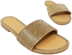 Women's Open Round Toe Glitter Rhinestones Detail flat sandals Honey-62