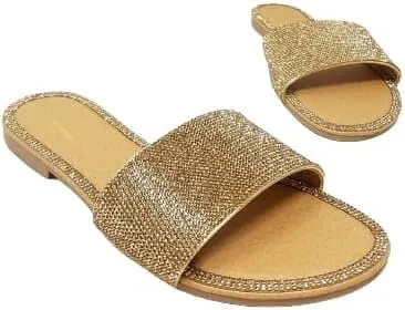 Women's Open Round Toe Glitter Rhinestones Detail flat sandals Honey-62