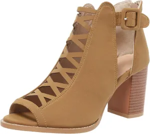 Women's Open Toe Booties with Block Heel and Side Comfortable and Stylish Cut Out Design Open Toe High Heeled Booties
