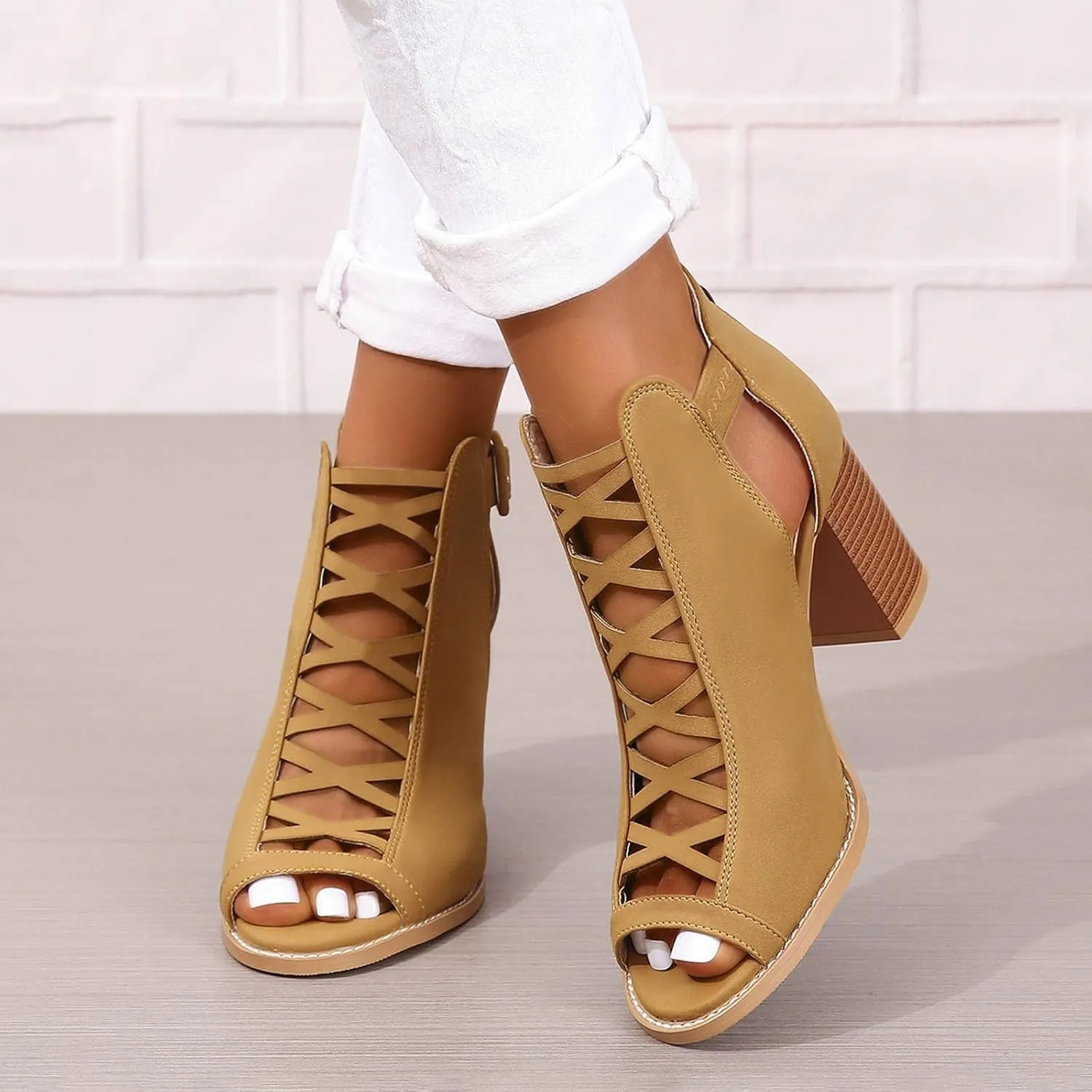 Women's Open Toe Booties with Block Heel and Side Comfortable and Stylish Cut Out Design Open Toe High Heeled Booties