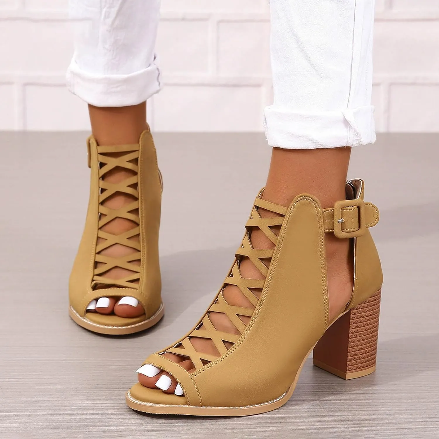 Women's Open Toe Booties with Block Heel and Side Comfortable and Stylish Cut Out Design Open Toe High Heeled Booties