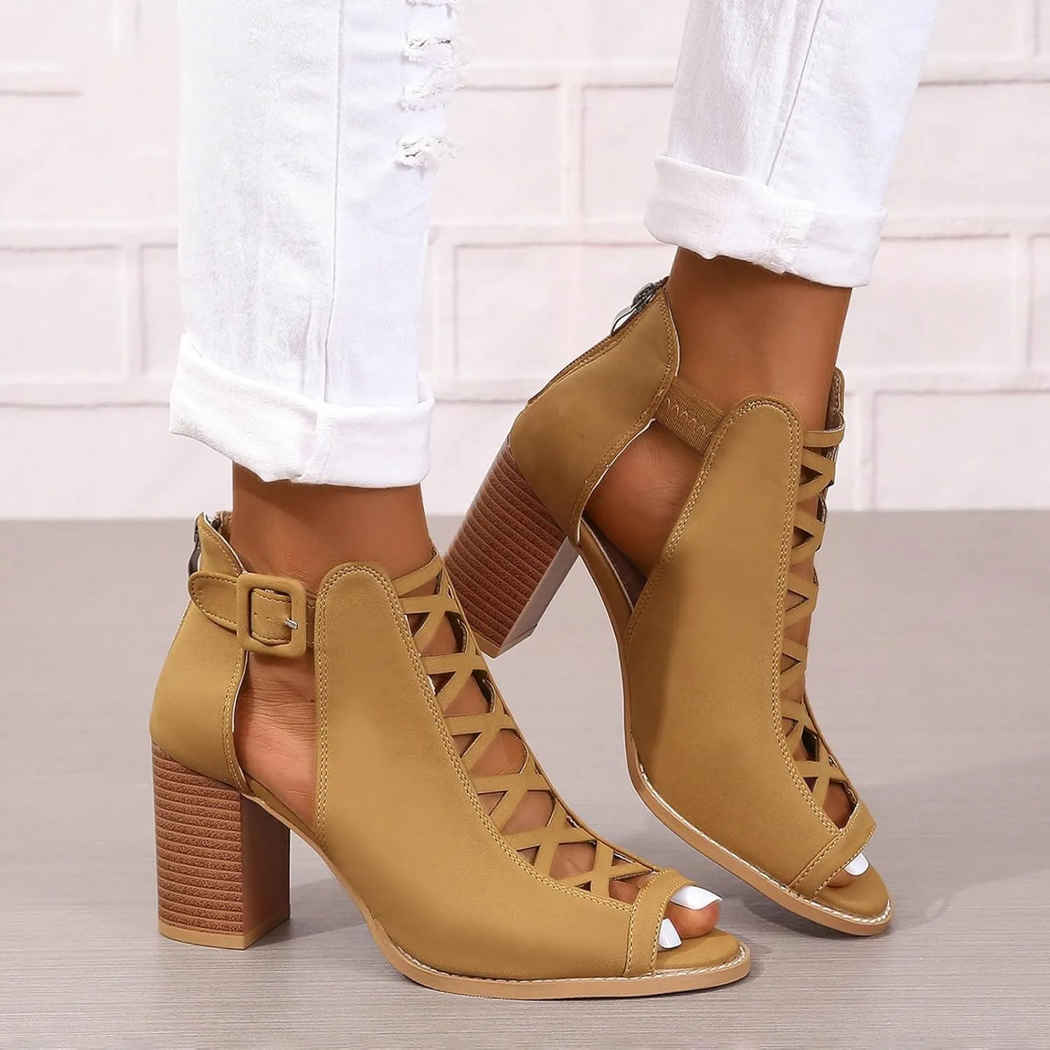 Women's Open Toe Booties with Block Heel and Side Comfortable and Stylish Cut Out Design Open Toe High Heeled Booties