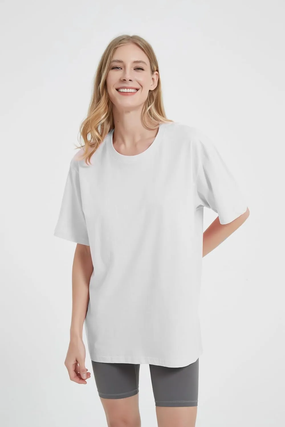 Womens Oversized Boyfriend Tee Shirts Short Sleeve Trendy Crew Neck Loose Workout Tee Casual Summer Tops Cotton