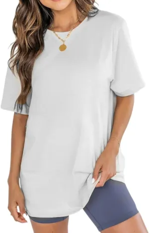 Womens Oversized Boyfriend Tee Shirts Short Sleeve Trendy Crew Neck Loose Workout Tee Casual Summer Tops Cotton