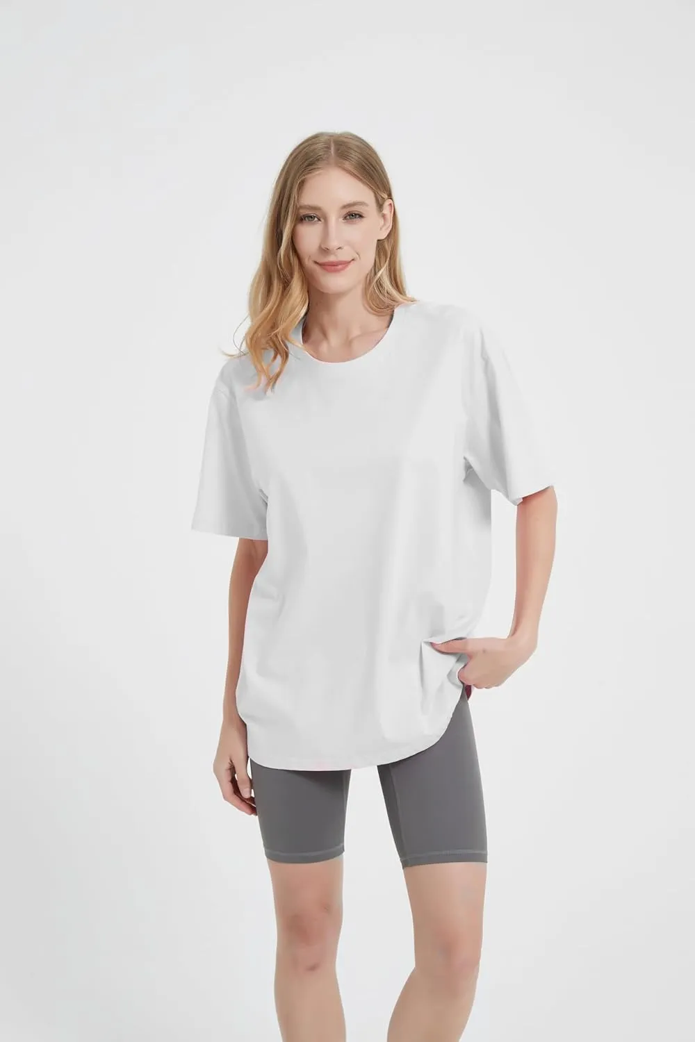 Womens Oversized Boyfriend Tee Shirts Short Sleeve Trendy Crew Neck Loose Workout Tee Casual Summer Tops Cotton