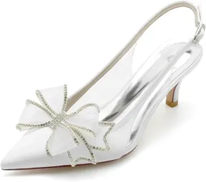 Women's Pointy Toe Mid Heeled Wedding Heels Clear Bridal Shoes Wedding Sandals Kitten Heels for Women with Bow