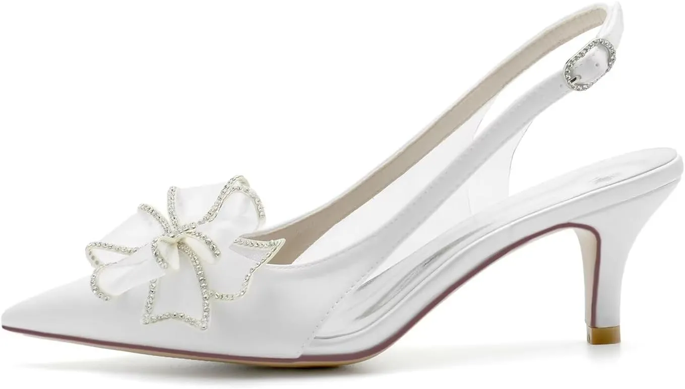 Women's Pointy Toe Mid Heeled Wedding Heels Clear Bridal Shoes Wedding Sandals Kitten Heels for Women with Bow