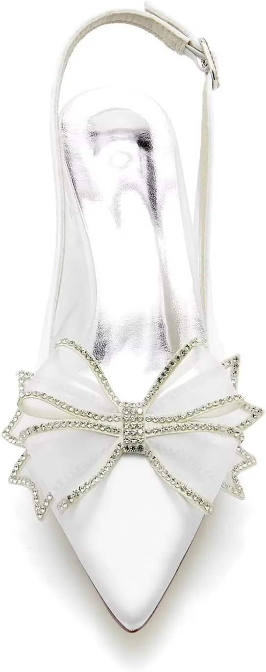 Women's Pointy Toe Mid Heeled Wedding Heels Clear Bridal Shoes Wedding Sandals Kitten Heels for Women with Bow