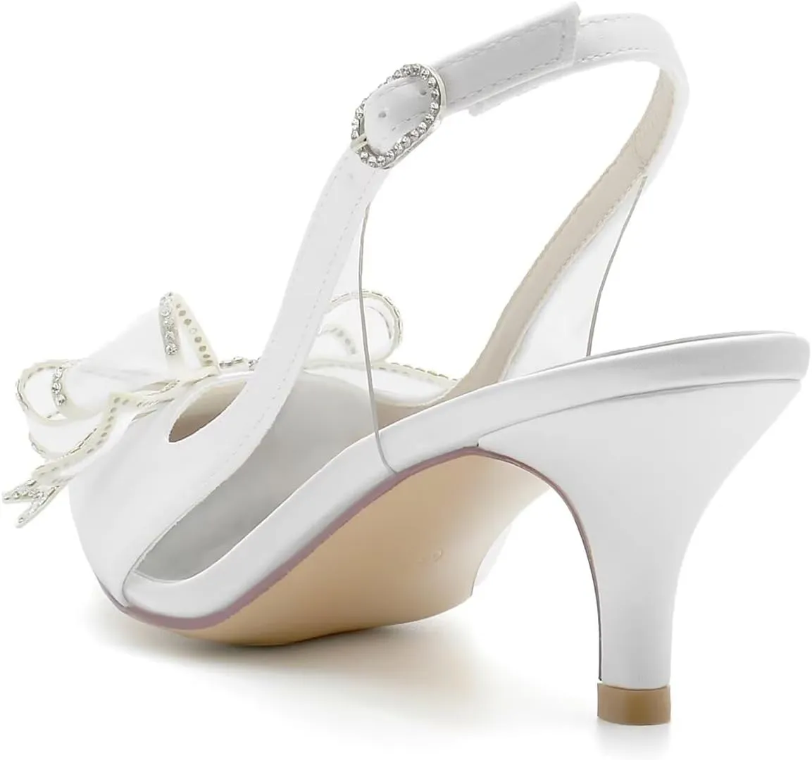 Women's Pointy Toe Mid Heeled Wedding Heels Clear Bridal Shoes Wedding Sandals Kitten Heels for Women with Bow