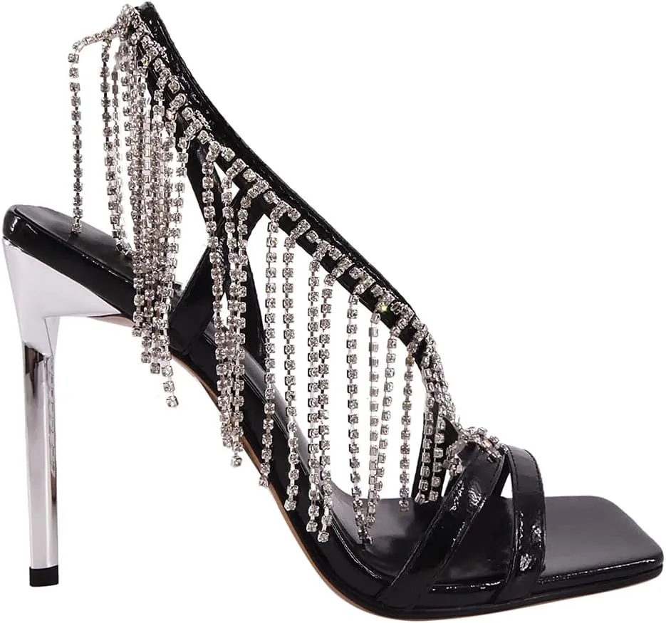 Women's Rhinestone Fringed Stiletto Heeled Sandals Open Toe Ankle Strappy Tassels Slingback Wedding Sandals