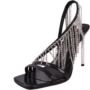 Women's Rhinestone Fringed Stiletto Heeled Sandals Open Toe Ankle Strappy Tassels Slingback Wedding Sandals