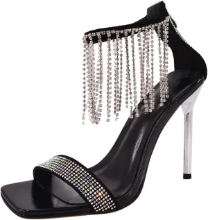 Women's Rhinestone Fringed Stiletto Heeled Sandals Open Toe Ankle Strappy Tassels Slingback Wedding Sandals
