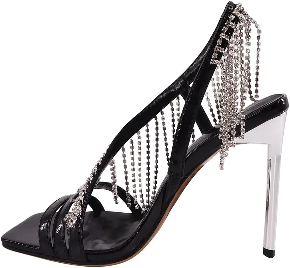 Women's Rhinestone Fringed Stiletto Heeled Sandals Open Toe Ankle Strappy Tassels Slingback Wedding Sandals