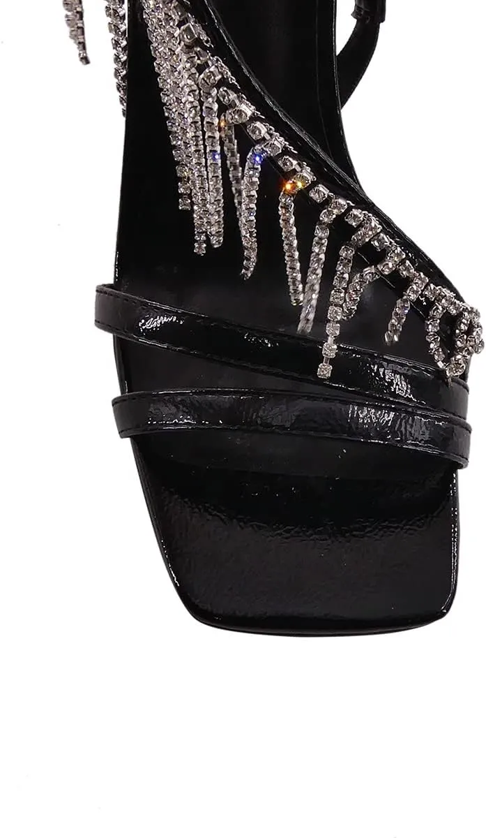 Women's Rhinestone Fringed Stiletto Heeled Sandals Open Toe Ankle Strappy Tassels Slingback Wedding Sandals