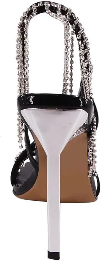 Women's Rhinestone Fringed Stiletto Heeled Sandals Open Toe Ankle Strappy Tassels Slingback Wedding Sandals