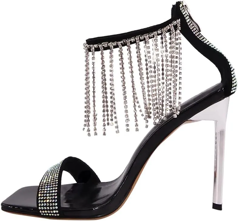Women's Rhinestone Fringed Stiletto Heeled Sandals Open Toe Ankle Strappy Tassels Slingback Wedding Sandals