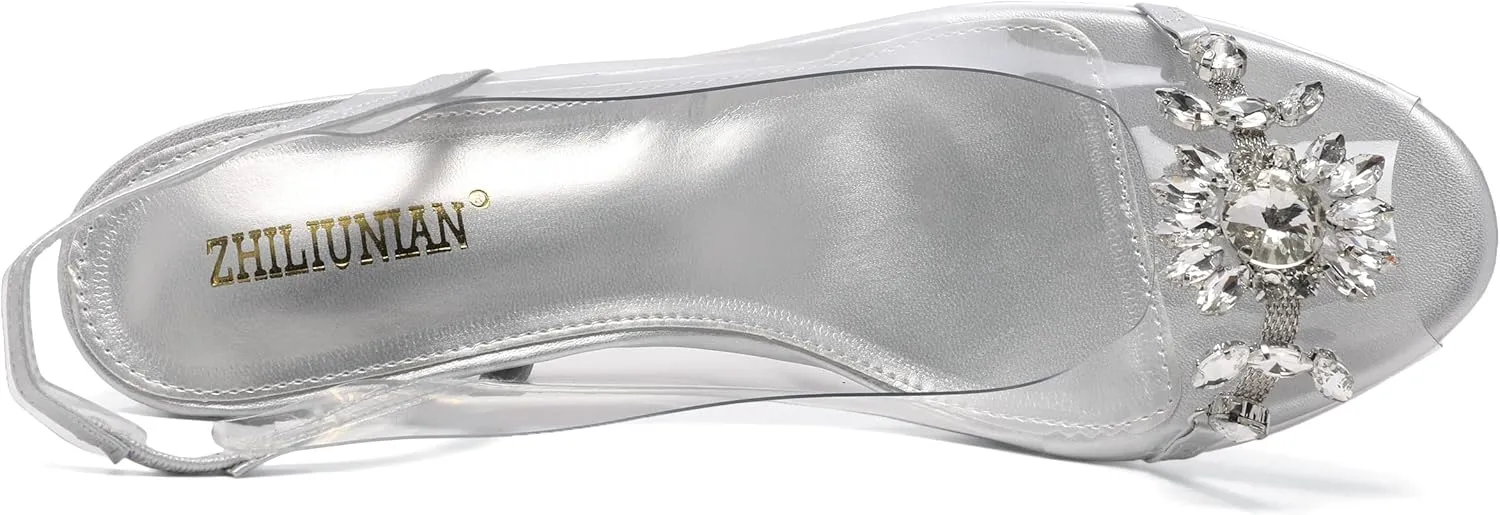 Womens Sparkly Clear Slingback Summer Sandals,Ladies Low Heel Trendy Dressy Casual Rhinestones Sexy Short Heel Glitter Evening Party Bridal Wedding Shoe