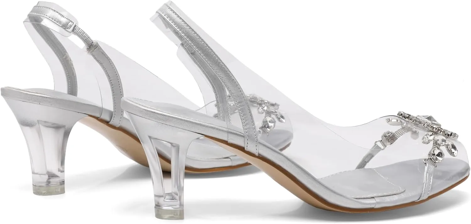 Womens Sparkly Clear Slingback Summer Sandals,Ladies Low Heel Trendy Dressy Casual Rhinestones Sexy Short Heel Glitter Evening Party Bridal Wedding Shoe
