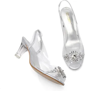 Womens Sparkly Clear Slingback Summer Sandals,Ladies Low Heel Trendy Dressy Casual Rhinestones Sexy Short Heel Glitter Evening Party Bridal Wedding Shoe