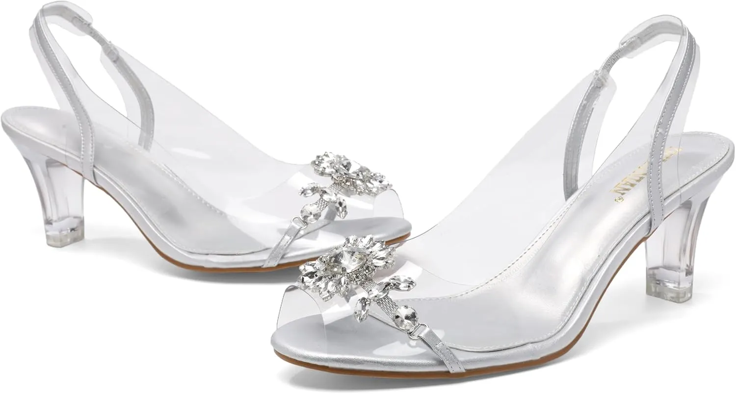 Womens Sparkly Clear Slingback Summer Sandals,Ladies Low Heel Trendy Dressy Casual Rhinestones Sexy Short Heel Glitter Evening Party Bridal Wedding Shoe