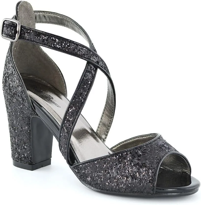 Womens Strappy Sandals Block Low Mid Heel Sparkly Glitter Ladies Bridal Party Dressy Shoes