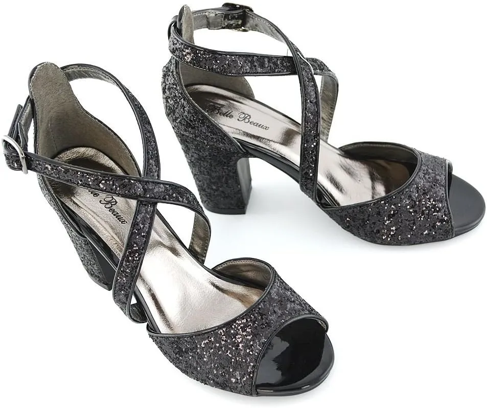 Womens Strappy Sandals Block Low Mid Heel Sparkly Glitter Ladies Bridal Party Dressy Shoes
