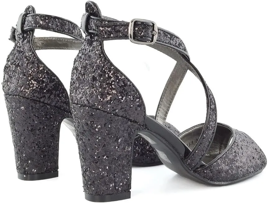 Womens Strappy Sandals Block Low Mid Heel Sparkly Glitter Ladies Bridal Party Dressy Shoes