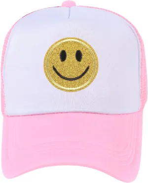 Womens Trucker Hat Mesh Neon Preppy Hats with Sequins Smile Patch Y2K Hat Retro Baseball Cap