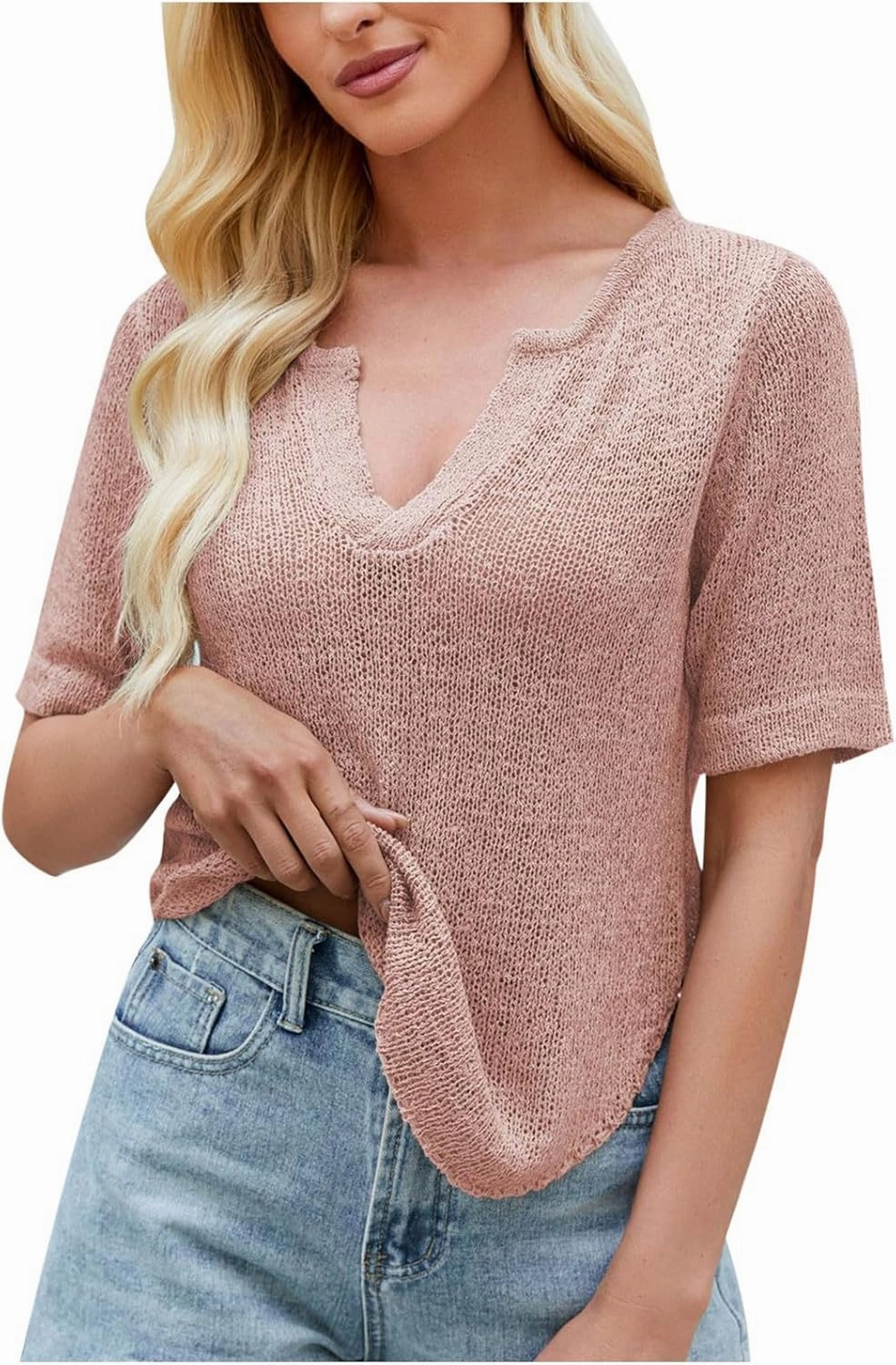 Womens Kintted Tops Summer Casual Ventilated Short Sleeves Low-Cut V-Neck Solid Color T-Shirts Lounge Loose Comfy Tees