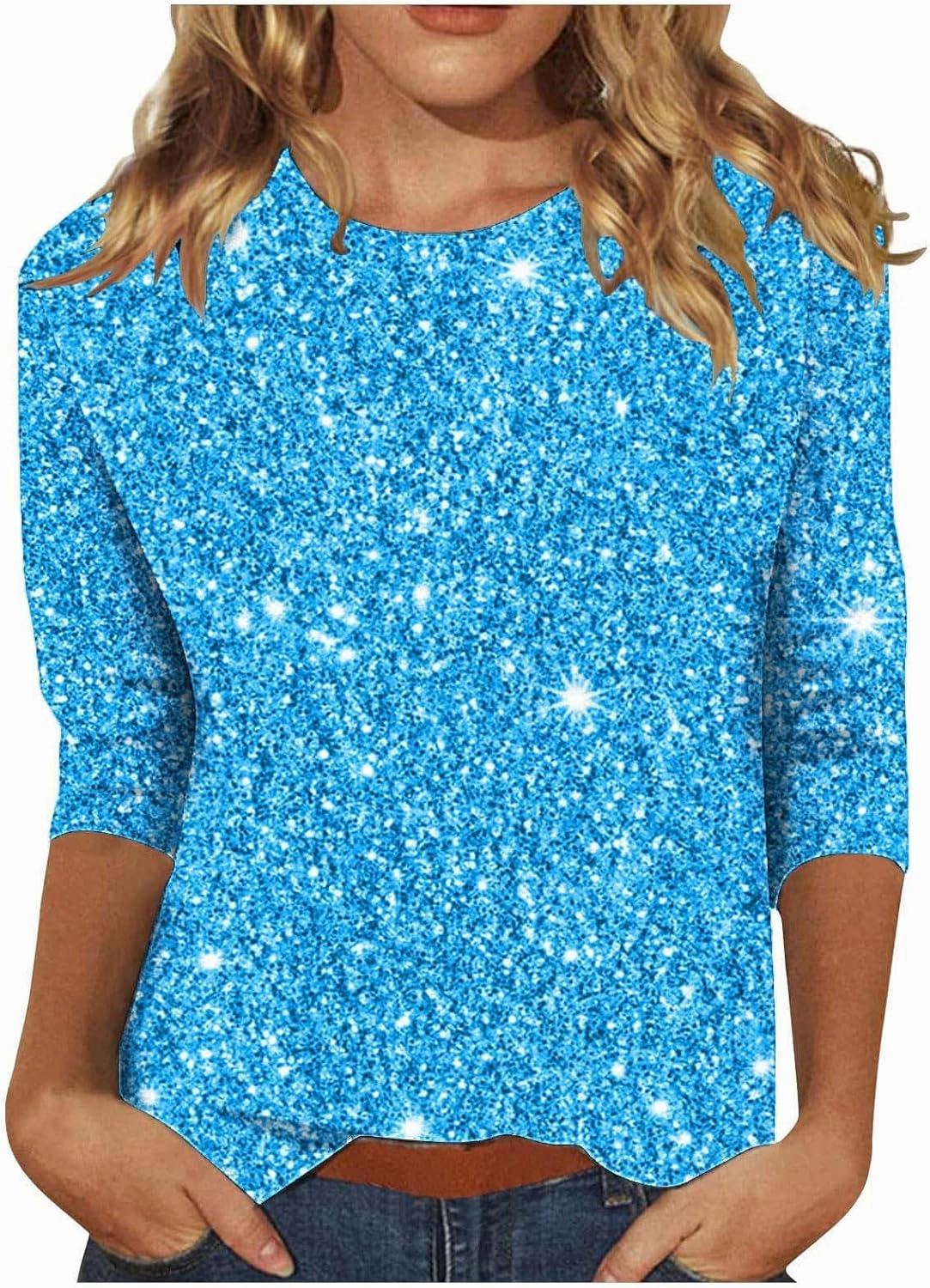 Womens Sparkle T Shirts Casual Glitter Dressy Flowy Tops Comfy Round Neck Long Sleeve Blouse Trendy 2024 Fall Clothes